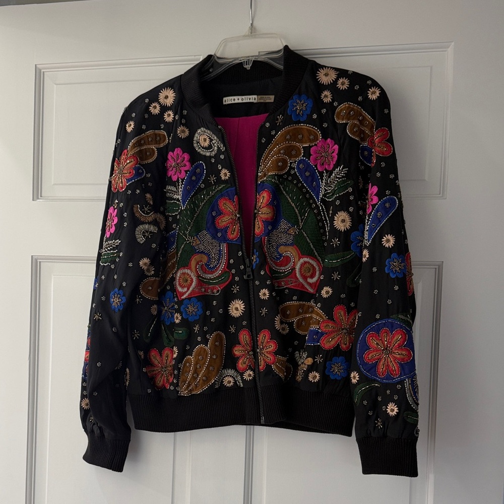 Alice + Olivia Felisa Embellished Silk Bomber Jacket.